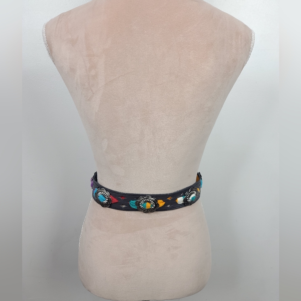 Vintage Charcoal Gray Western Leather Serape Silver-Tone Stamped Concho Belt M - Picture 7 of 16